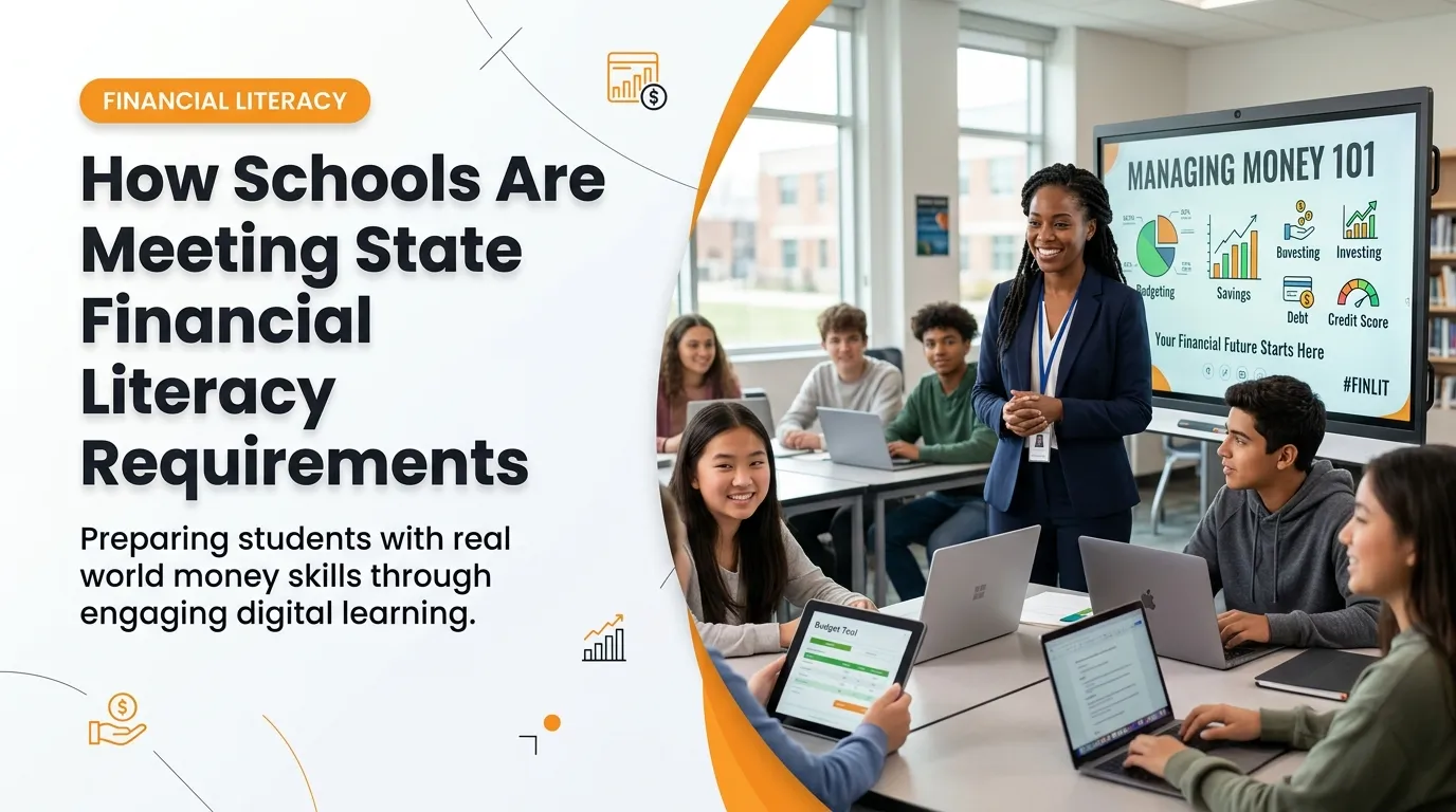 Students learning personal finance in a classroom as their school meets state financial literacy graduation requirements with LaunchPad.