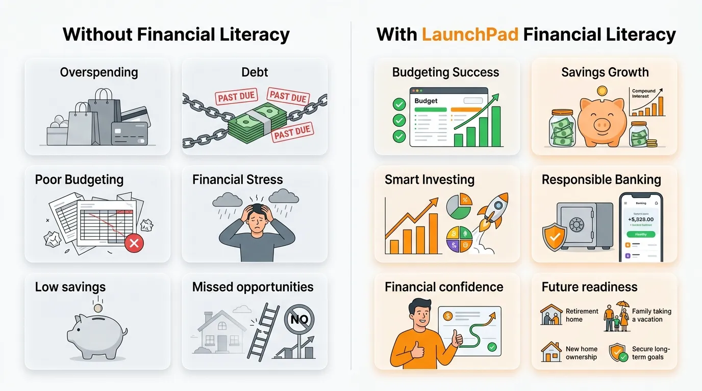 A student completing an interactive online financial literacy lesson on the LaunchPad Digital Experience platform.