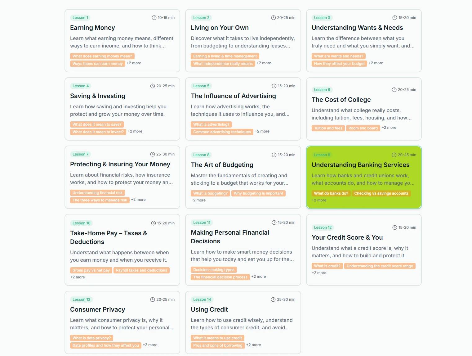The LaunchPad lesson library showing all 14 interactive financial literacy lessons as cards, each with a short description, estimated time, and topic tags.